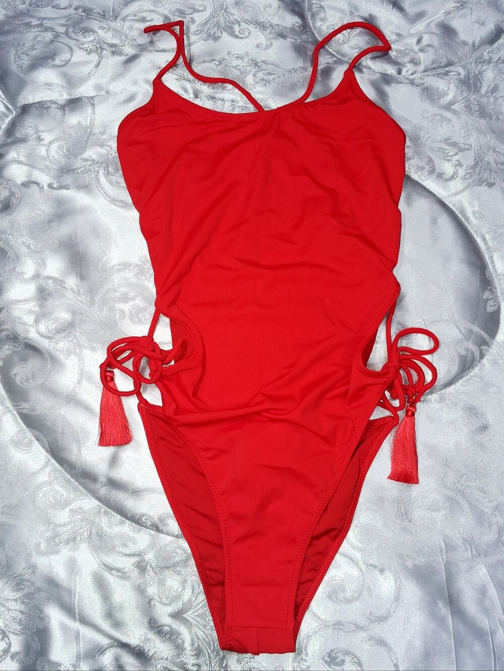 4Giveness Italian Swimwear One Piece Red Strappy Criss Cross Open Back Tassels L